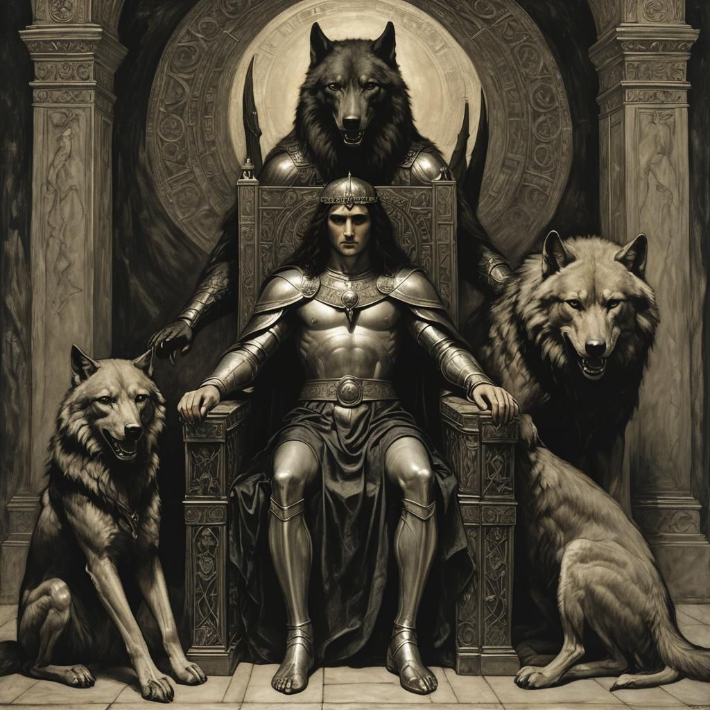 Godlike Ruler Surrounded by Majestic Dire Wolves in a Rich,....