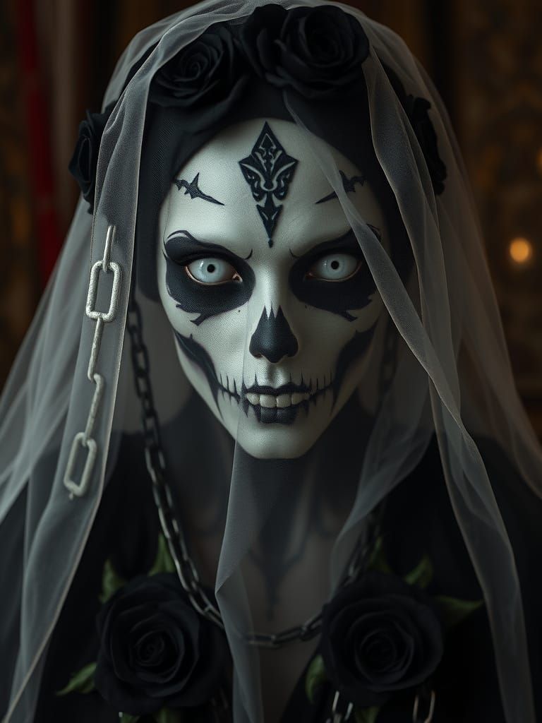 Hyperrealistic Veiled Empress with Chains and Roses