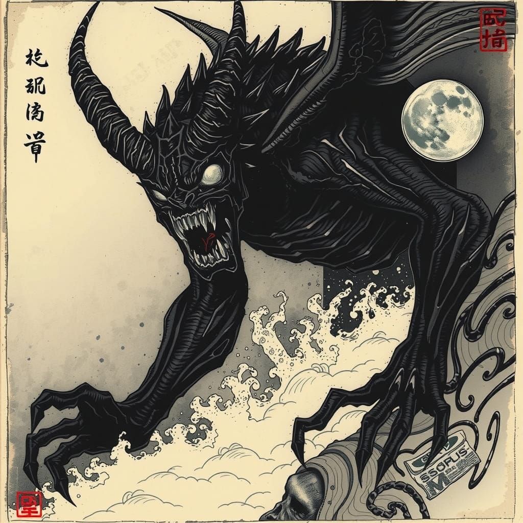 Terrifying Kamishibai Demon in Gothic Horror Style