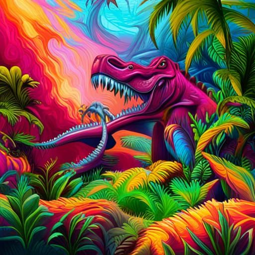 Dinosaur in Colorful Jungle Graffiti Art