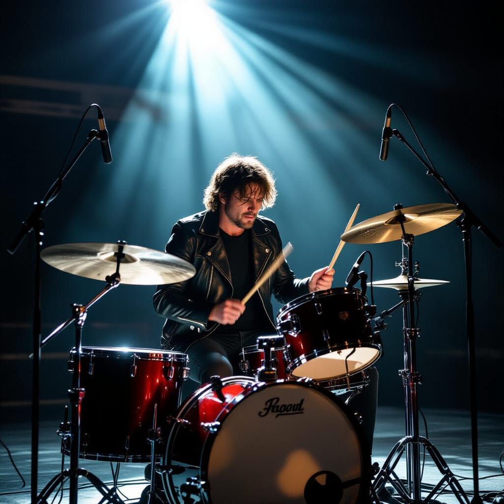 Rock Drummer in Sunlight: Photorealistic Concert Scene
