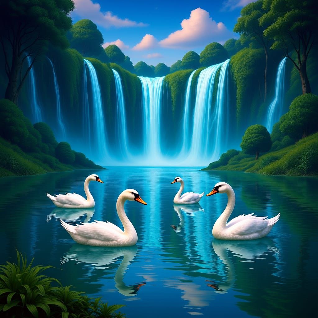 Majestic Waterfall with Swans in Synthwave Style