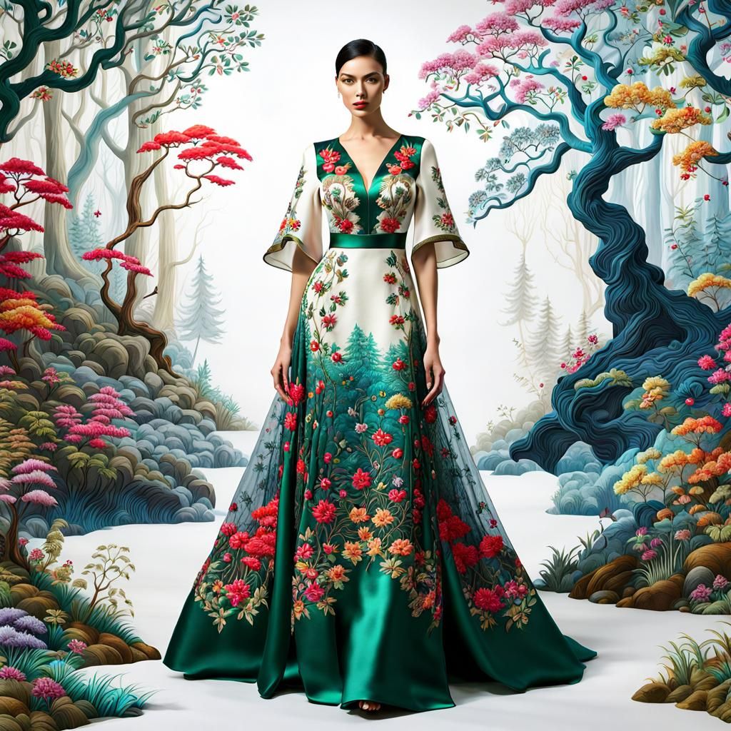 Embroidered Silk Dress Featuring Enchanted Forest