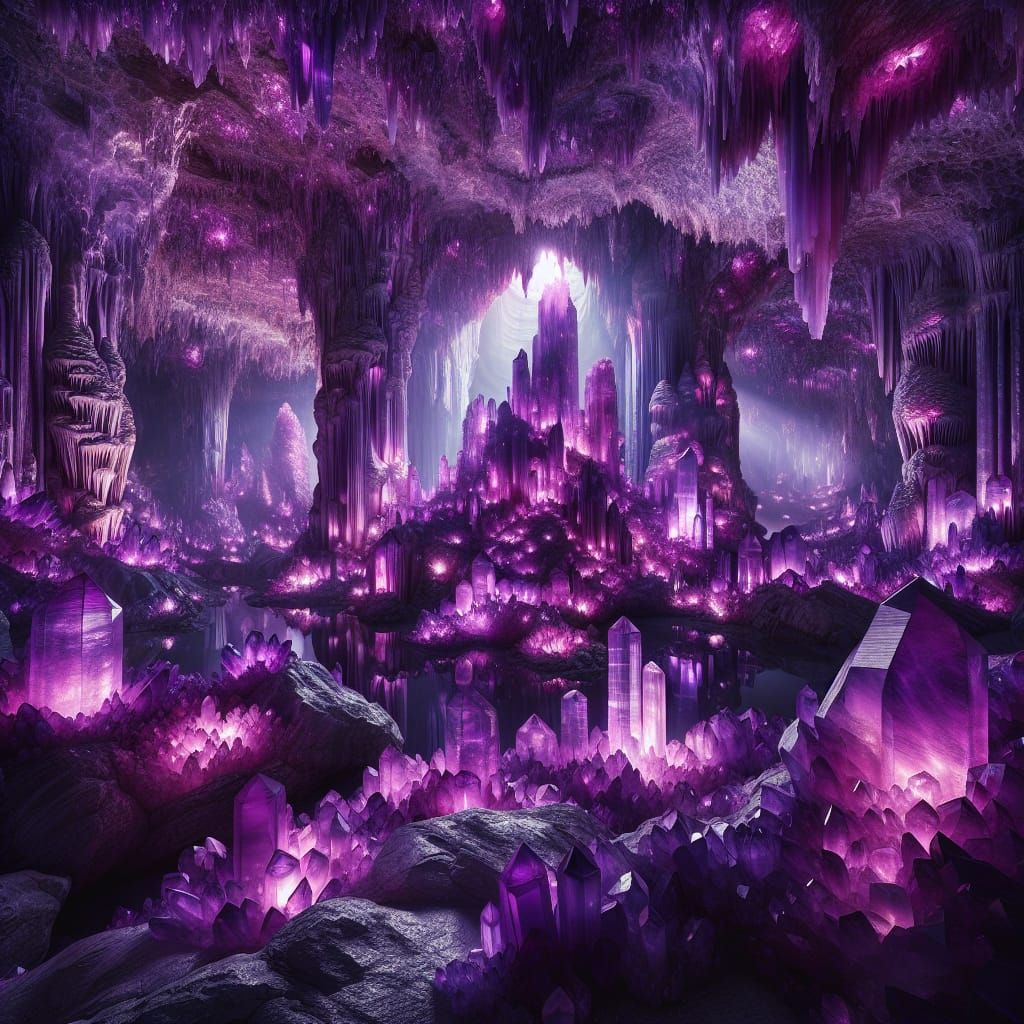 Mystical Amethyst Cave with Shining Crystals