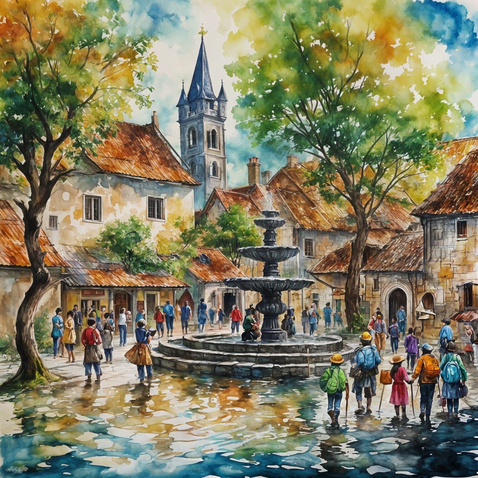 Medieval Village Square as Impressionist Alcohol Ink Art