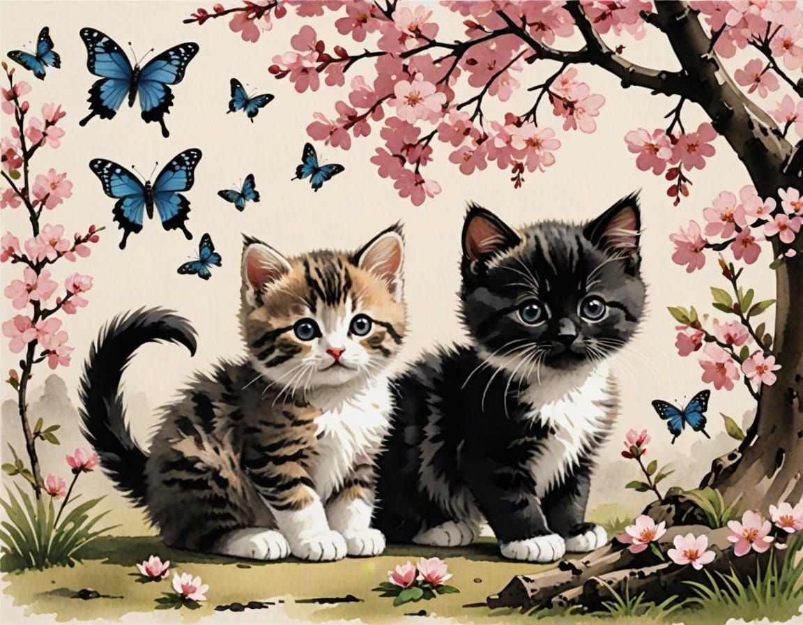 Kitten Plays with Yarn under Cherry Blossoms