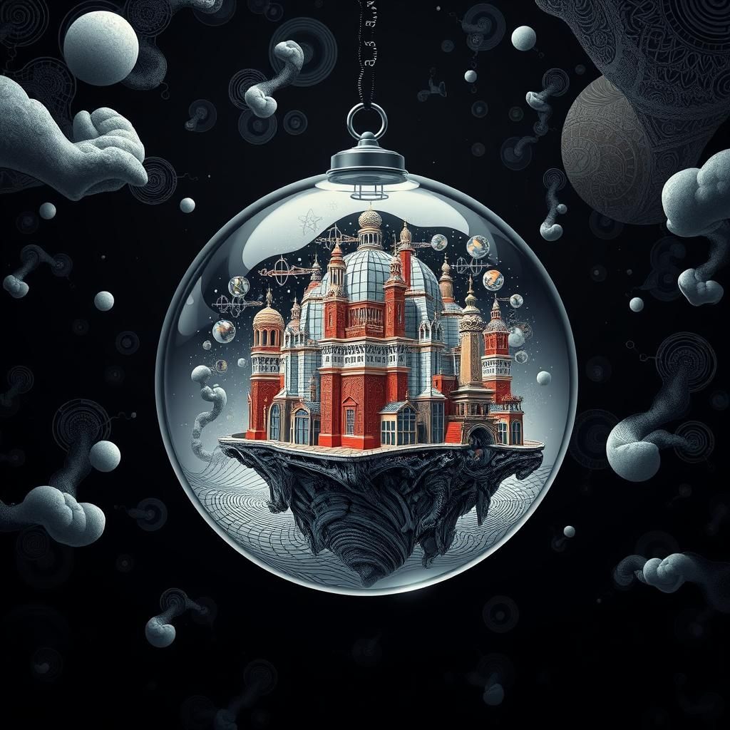 Surreal Cityscape Inside Glass Sphere with Fractal Patterns