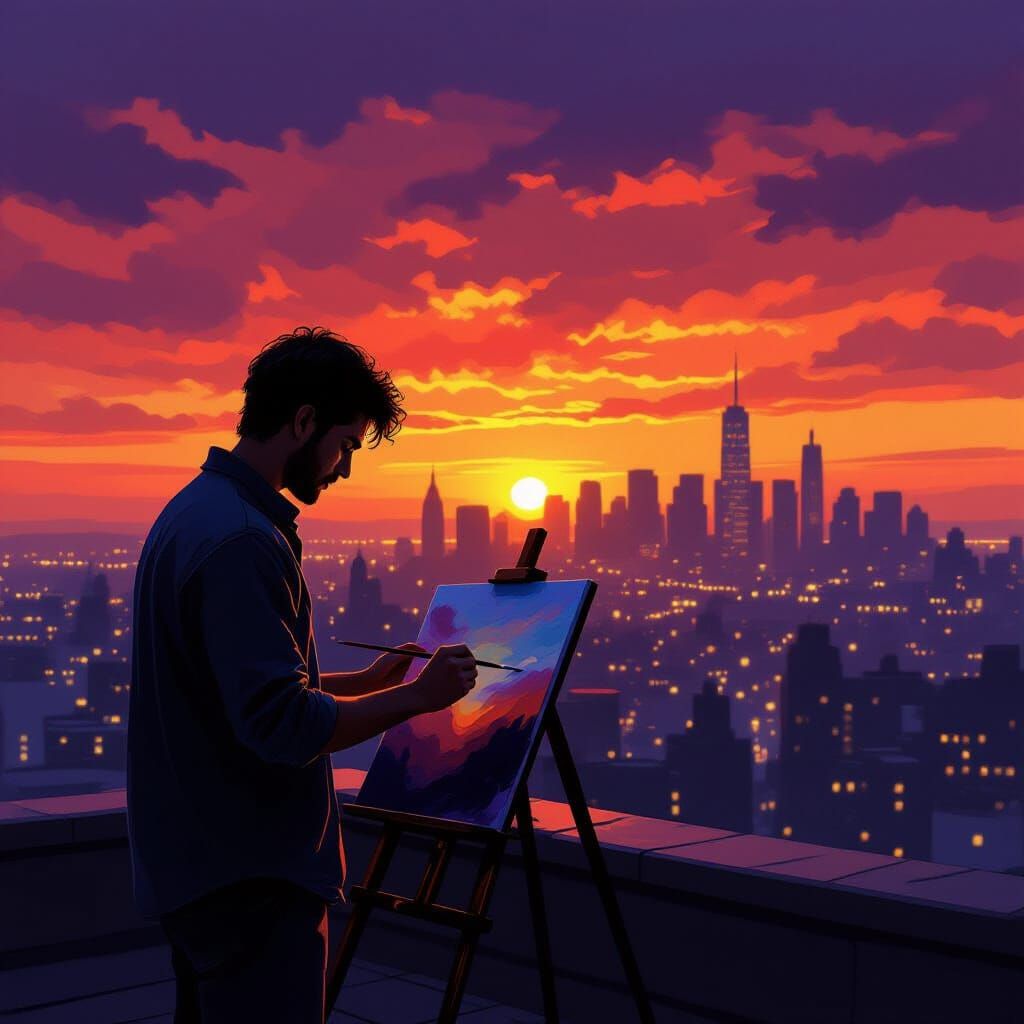 Man Painting Rooftop at Sunset in Tonalist Style