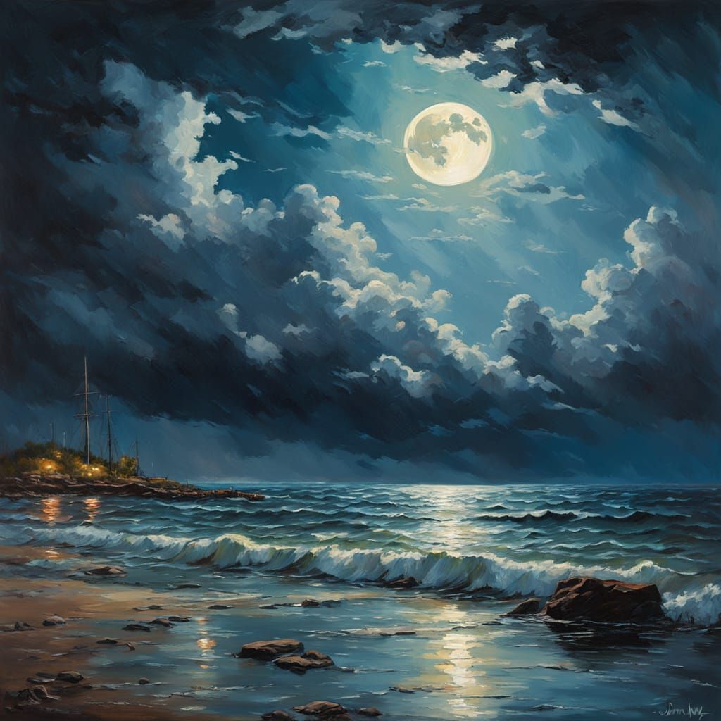 Moody Moonlit Landscape in Impressionistic Oil Painting