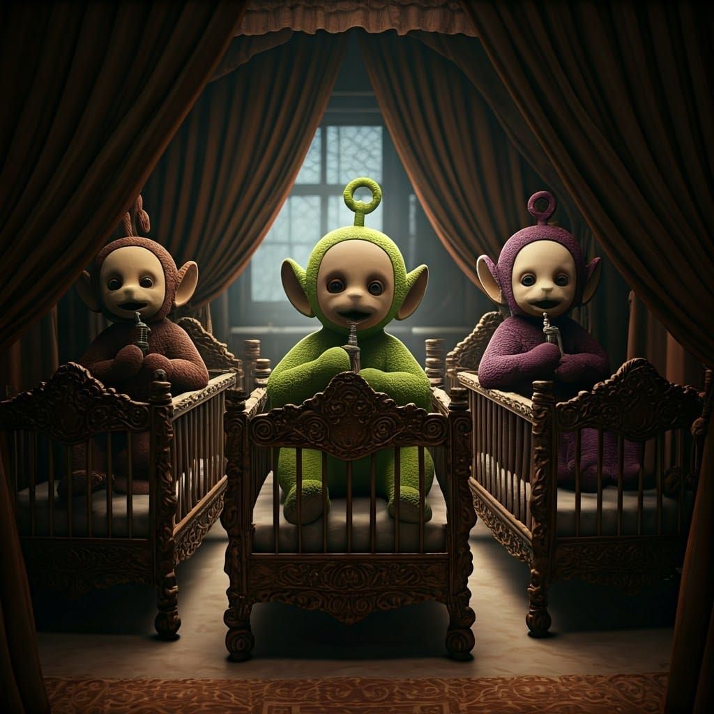 Surreal Nursery Scene with Sinister Teletubbies in Baroque C...