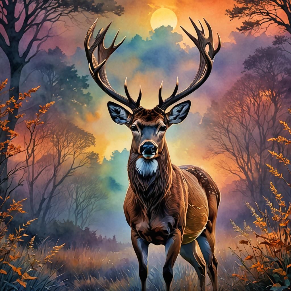 Celtic Buck: Sunrise Sunset in Digital Watercolor