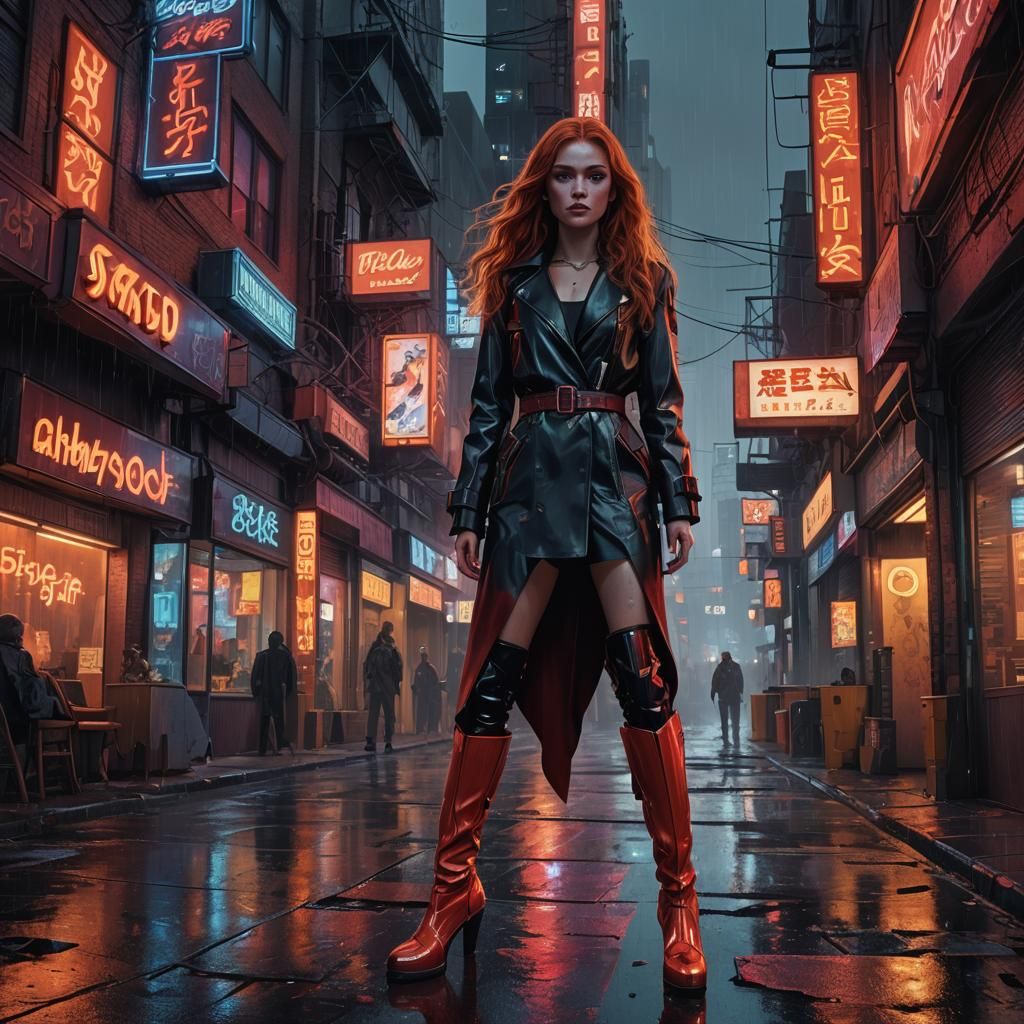 Dystopian Cityscape with Redhead, Digital Matte Painting