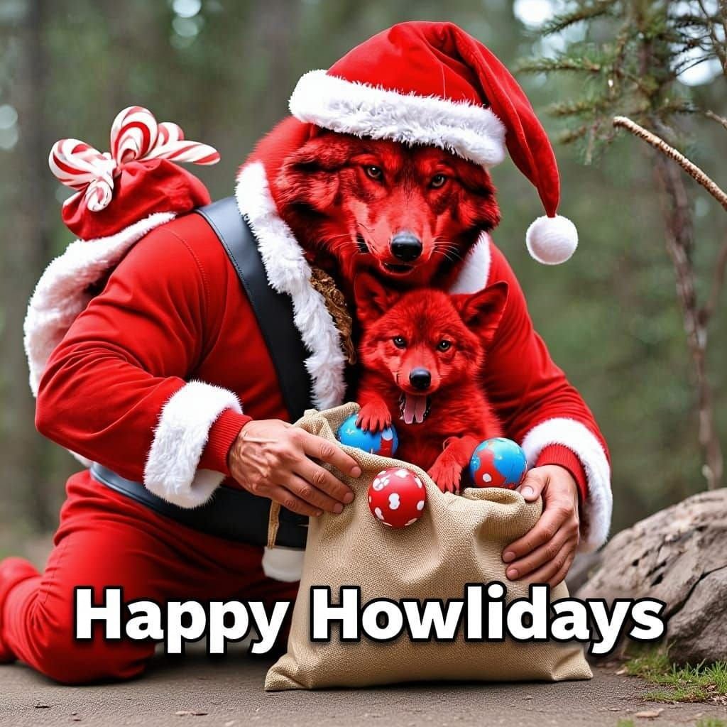 Christmas card with the title "Happy Howlidays". A red wolf shifter fused with Santa Claus, opening a sack of toys for l...