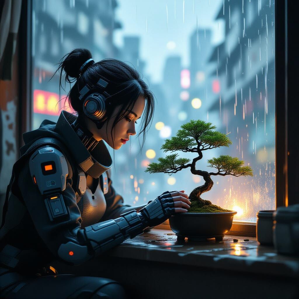 Cyberpunk Bonsai Care in Acid Rain City