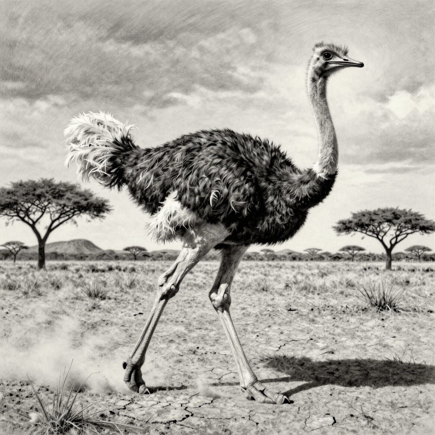 Ostrich Striding Across Kalahari Plain in Graphite