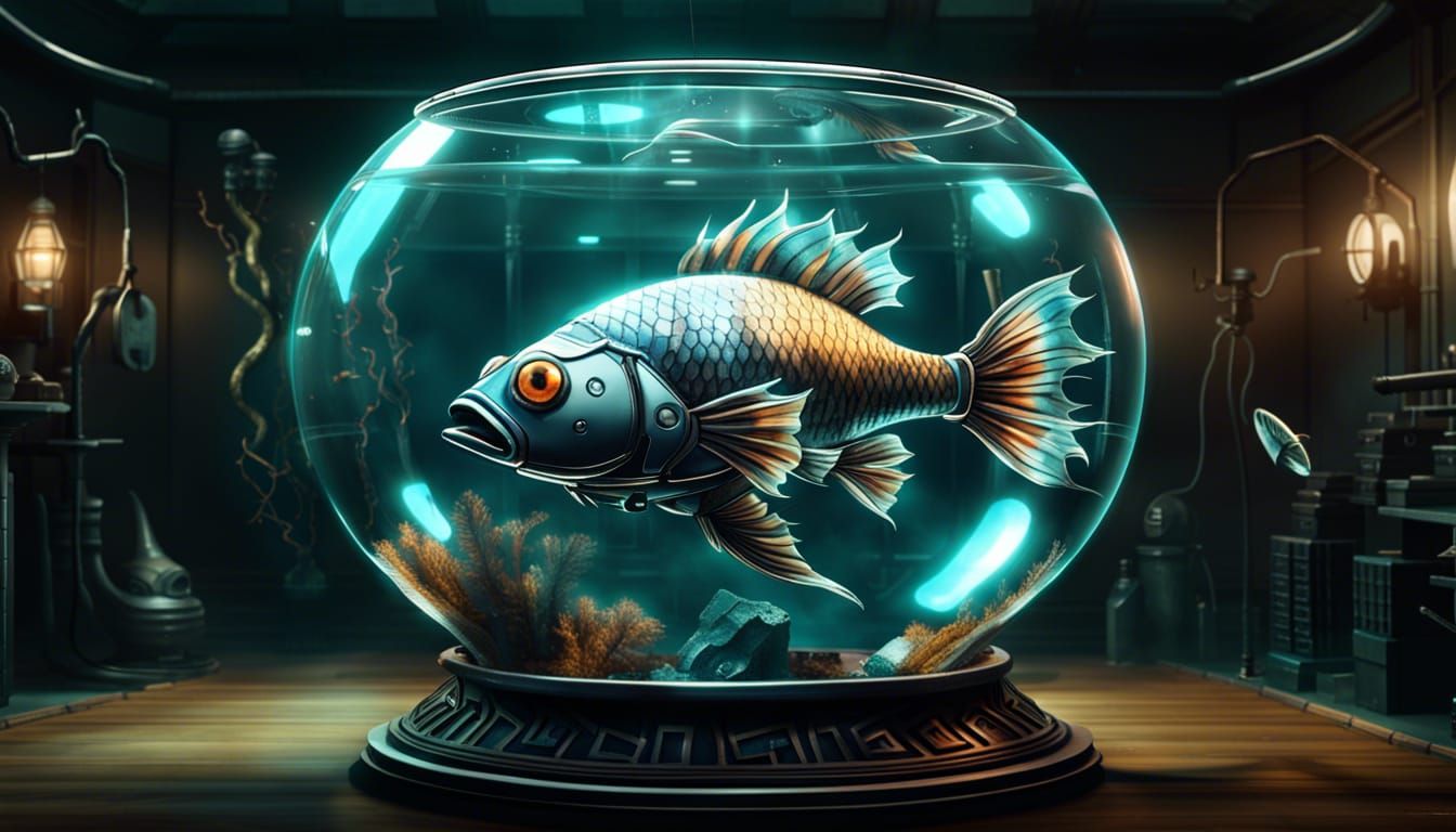 Robot Fish in Futuristic Workshop: Fantasy Horror