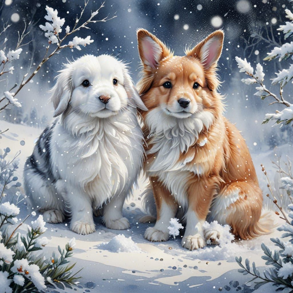 Cute Bunny and Playful Dog in Winter Wonderland