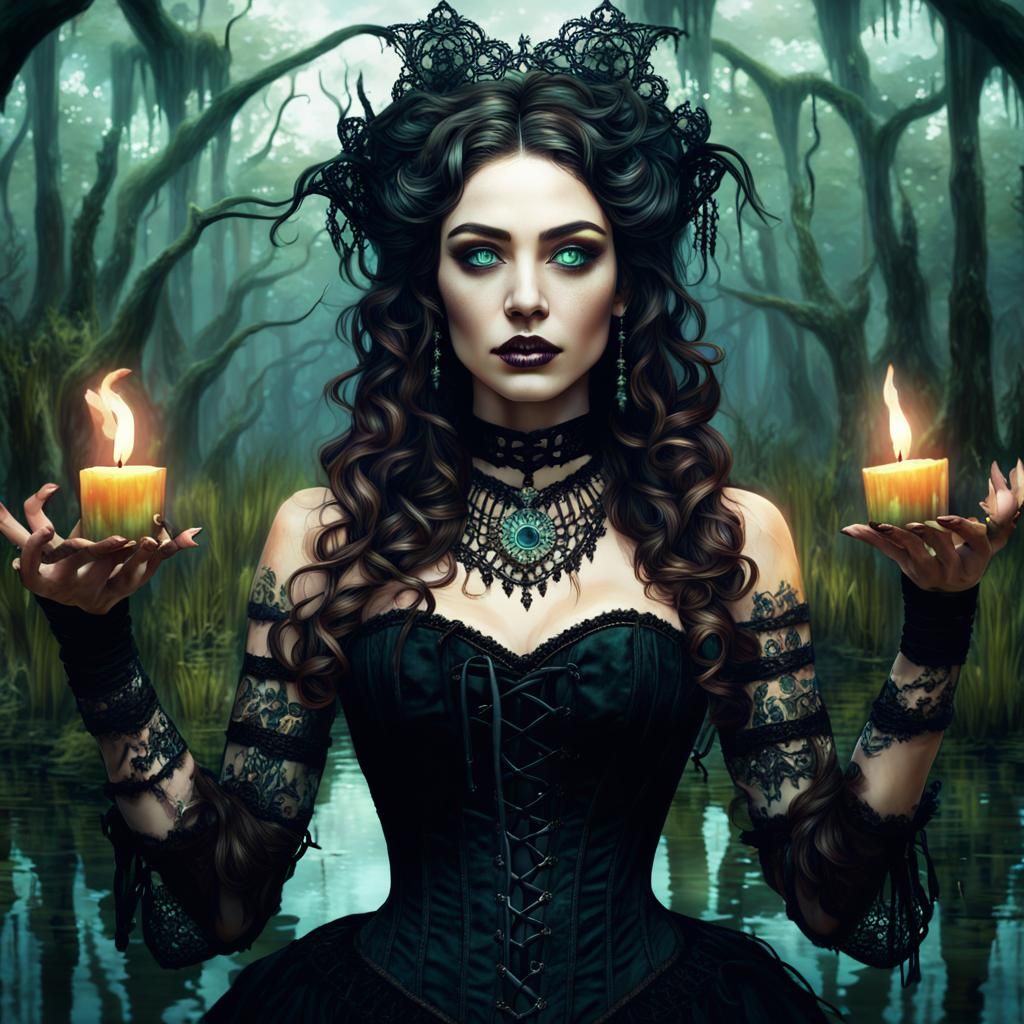 Cajun Bayou Witch Summoning Ghosts: Fantasy Art