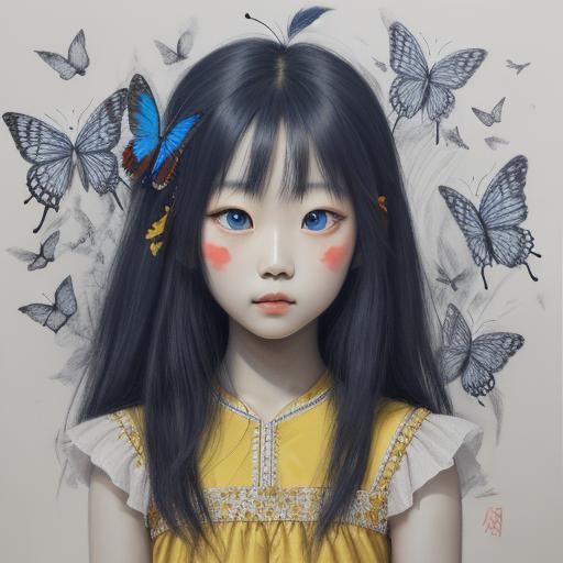 South Korean Girl in Butterfly Dress, Charcoal Drawing