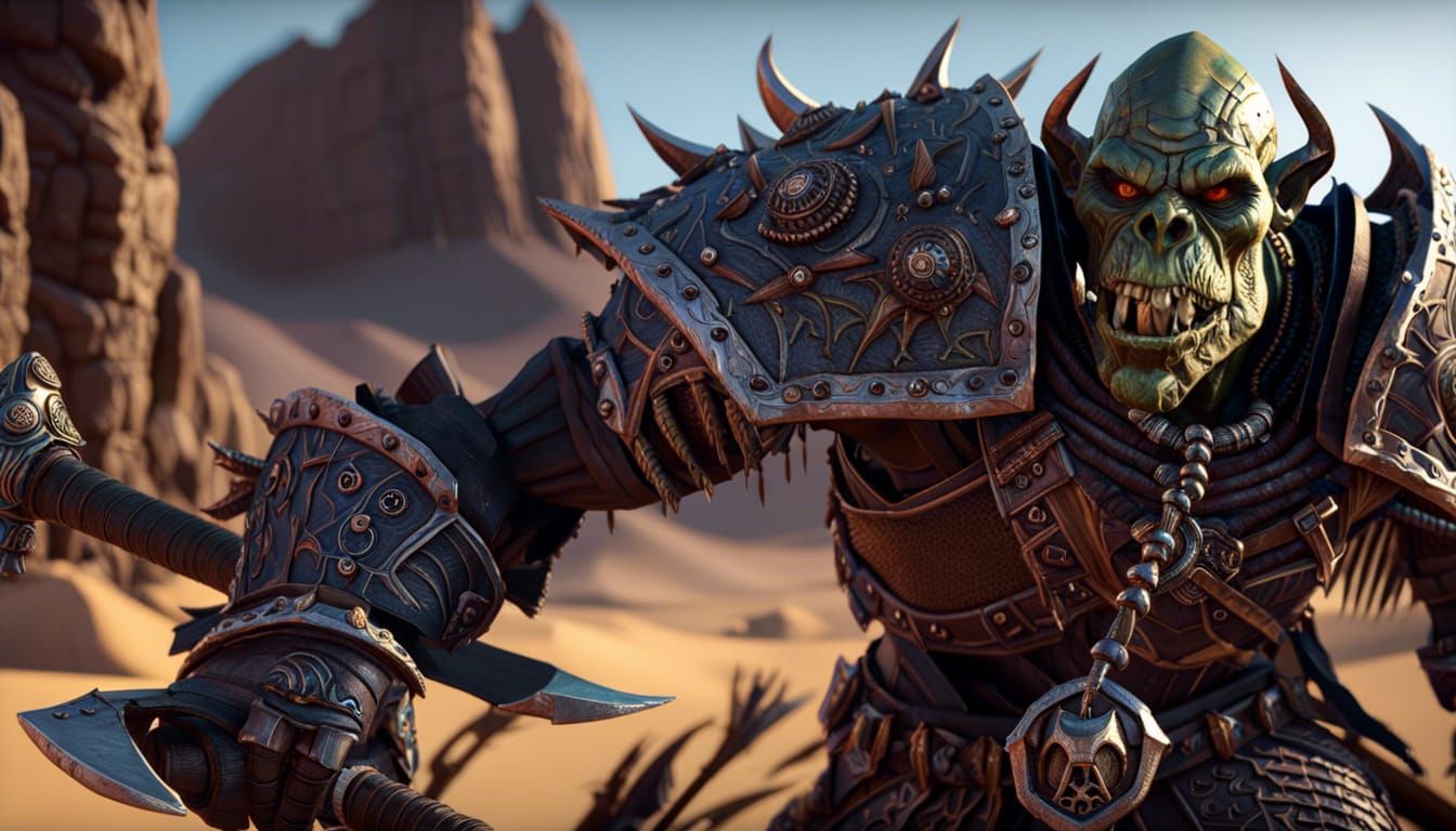 Detailed Undead Orc Warrior in Desert Landscape