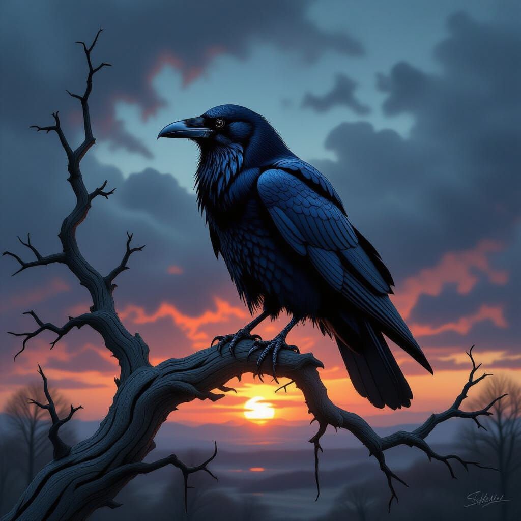 Raven on a Branch in Gothic Style