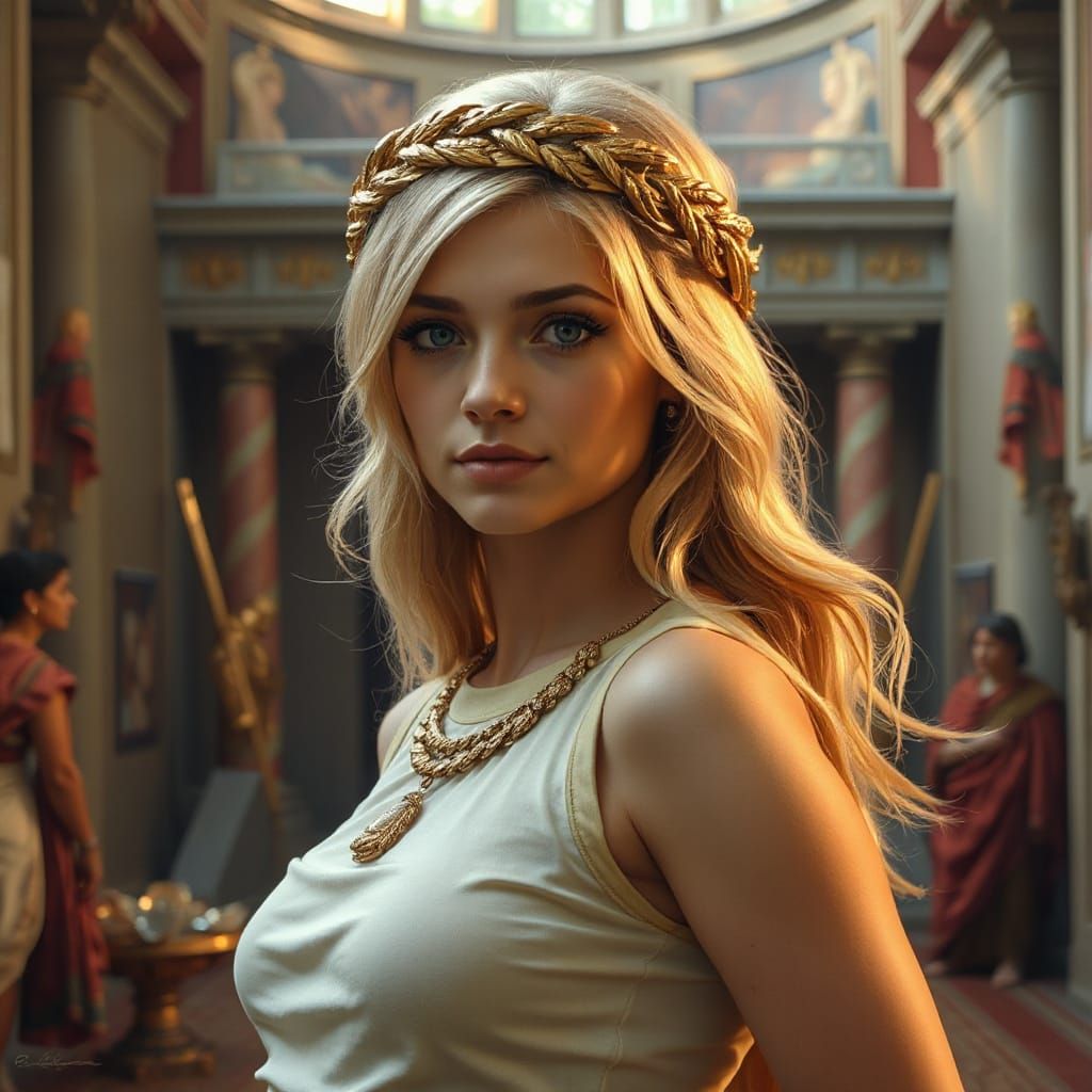 Blonde Woman in Roman Outfit in Palace, Hyperrealistic