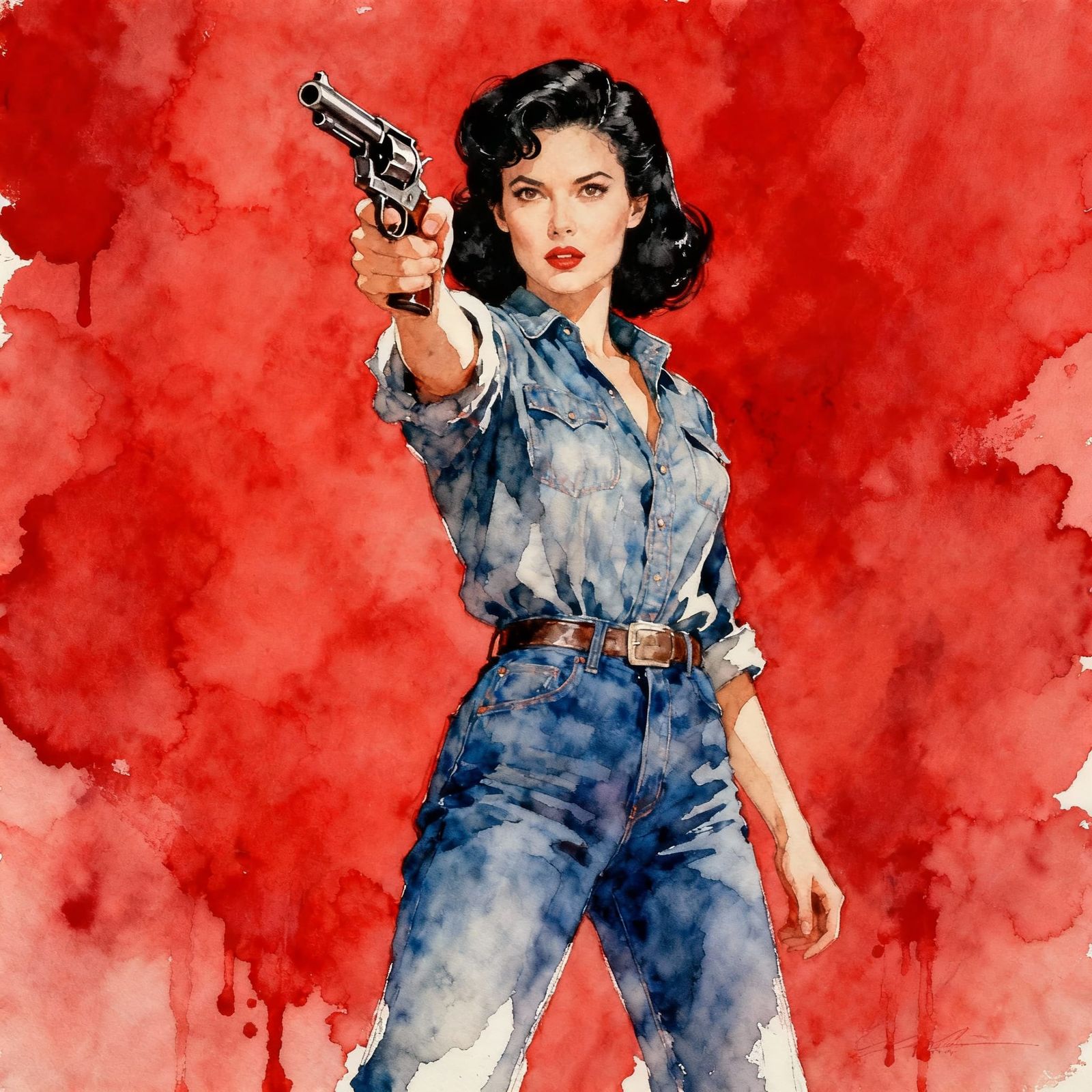 1940s Movie Poster: Woman with Gun, Alcohol Ink Style