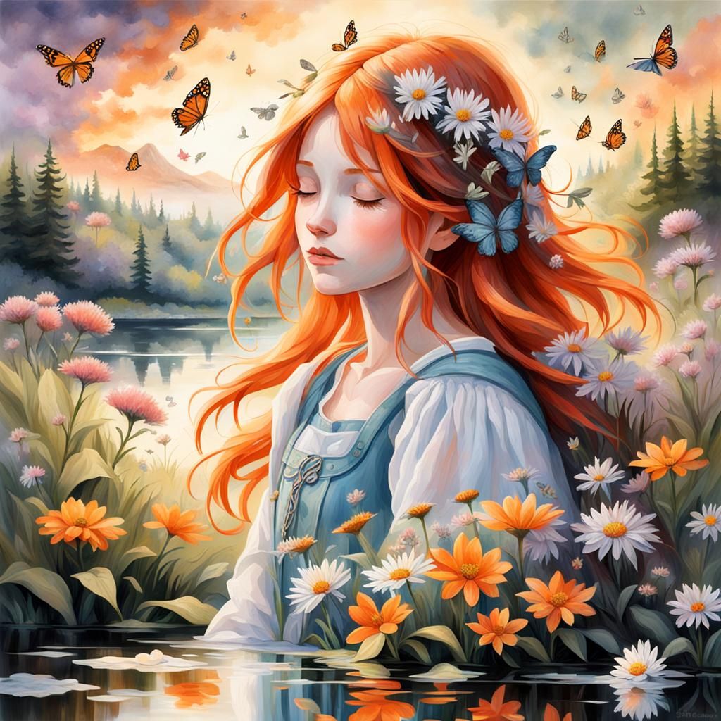 A dreamy depiction of a girl lost in thought in a mist-cover...