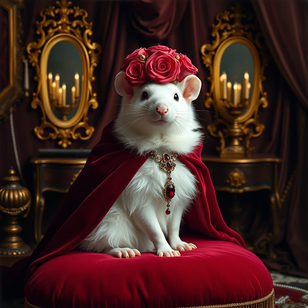 Regal Weasel with Rose Crown in Lavish Boudoir