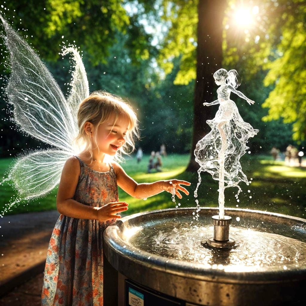 Girl's Delight As Water Forms Magical Fairy