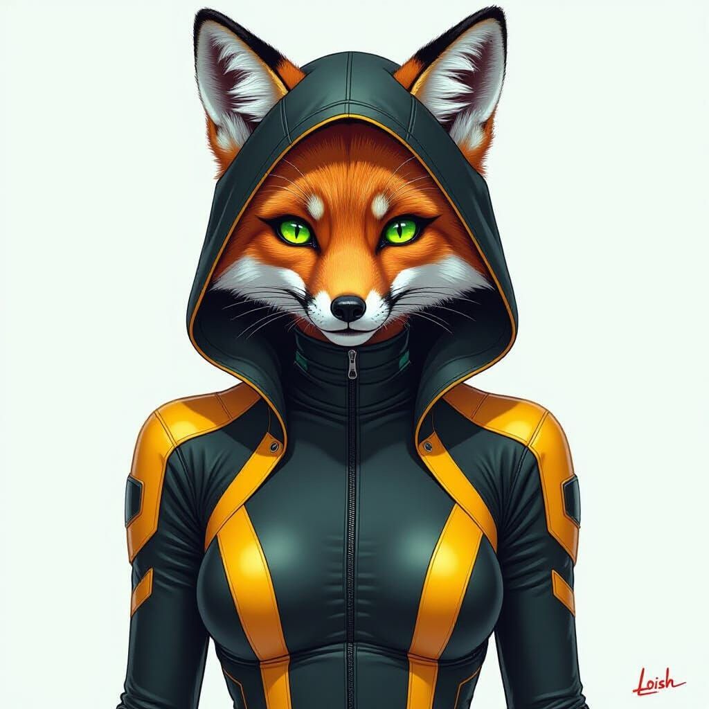 Futuristic Female Fox Character in Sleek Catsuit