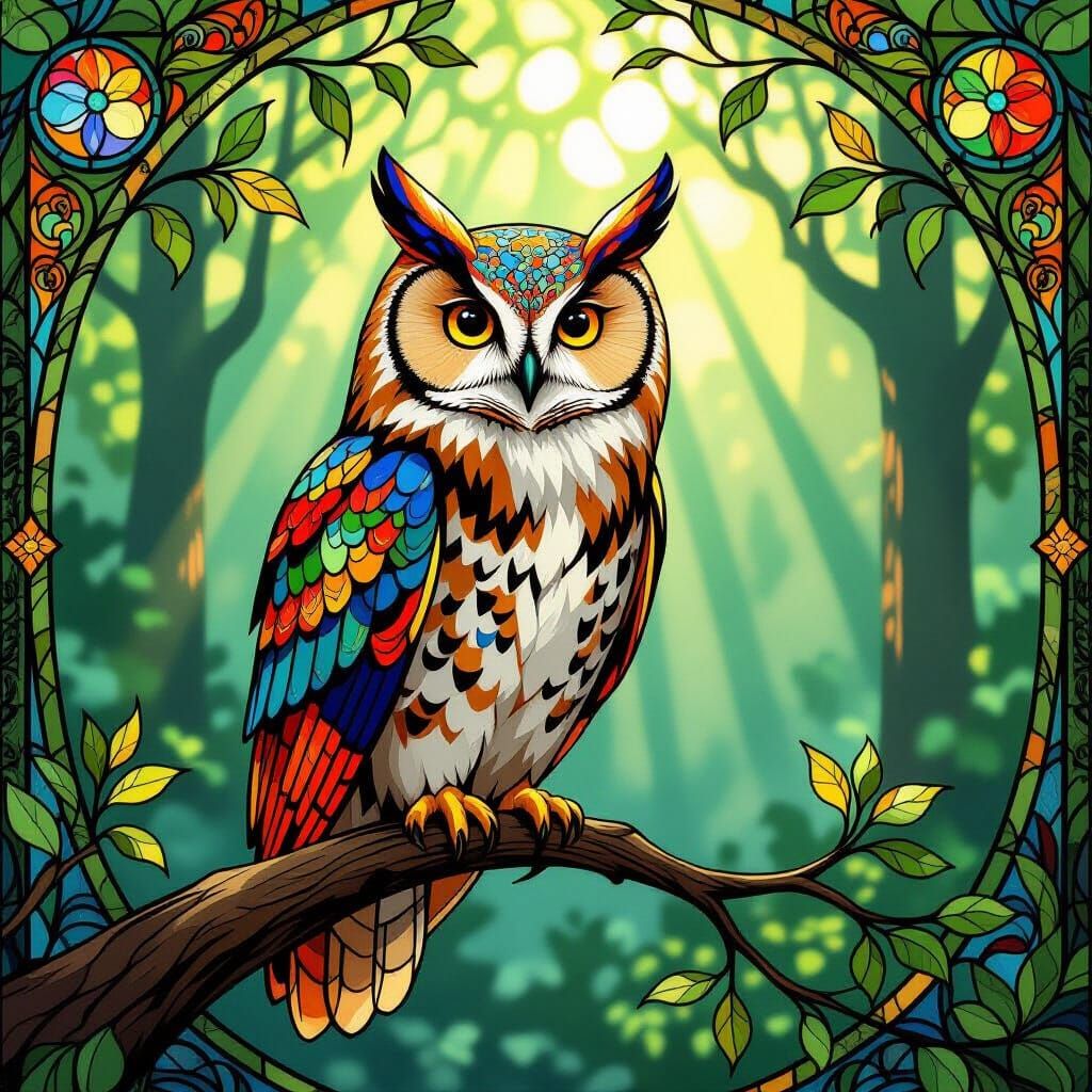 Stained Glass Owl in Enchanted Forest, Art Nouveau Style