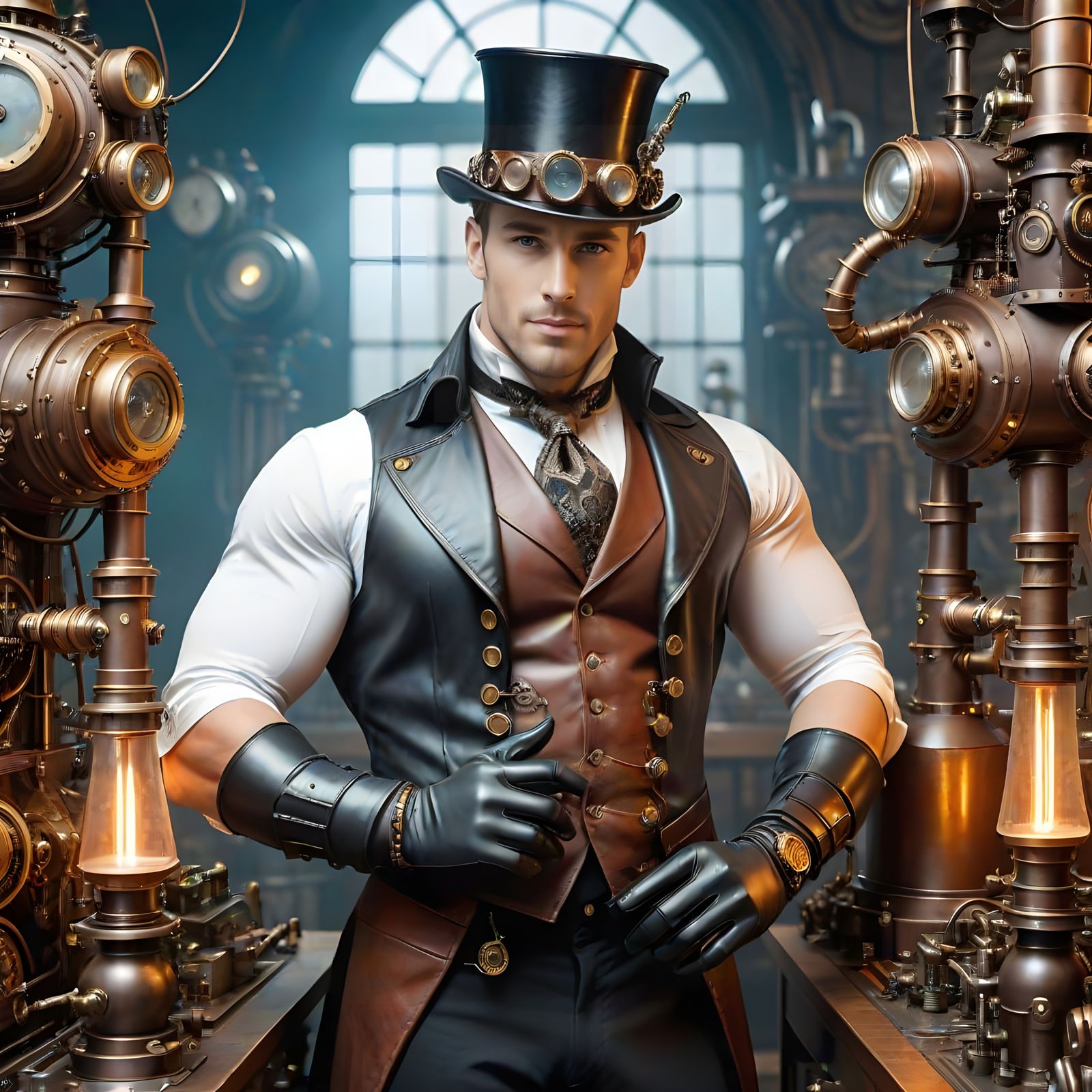 A Steampunk Inventor's Masterpiece: Handsome Man Crafts Magi...