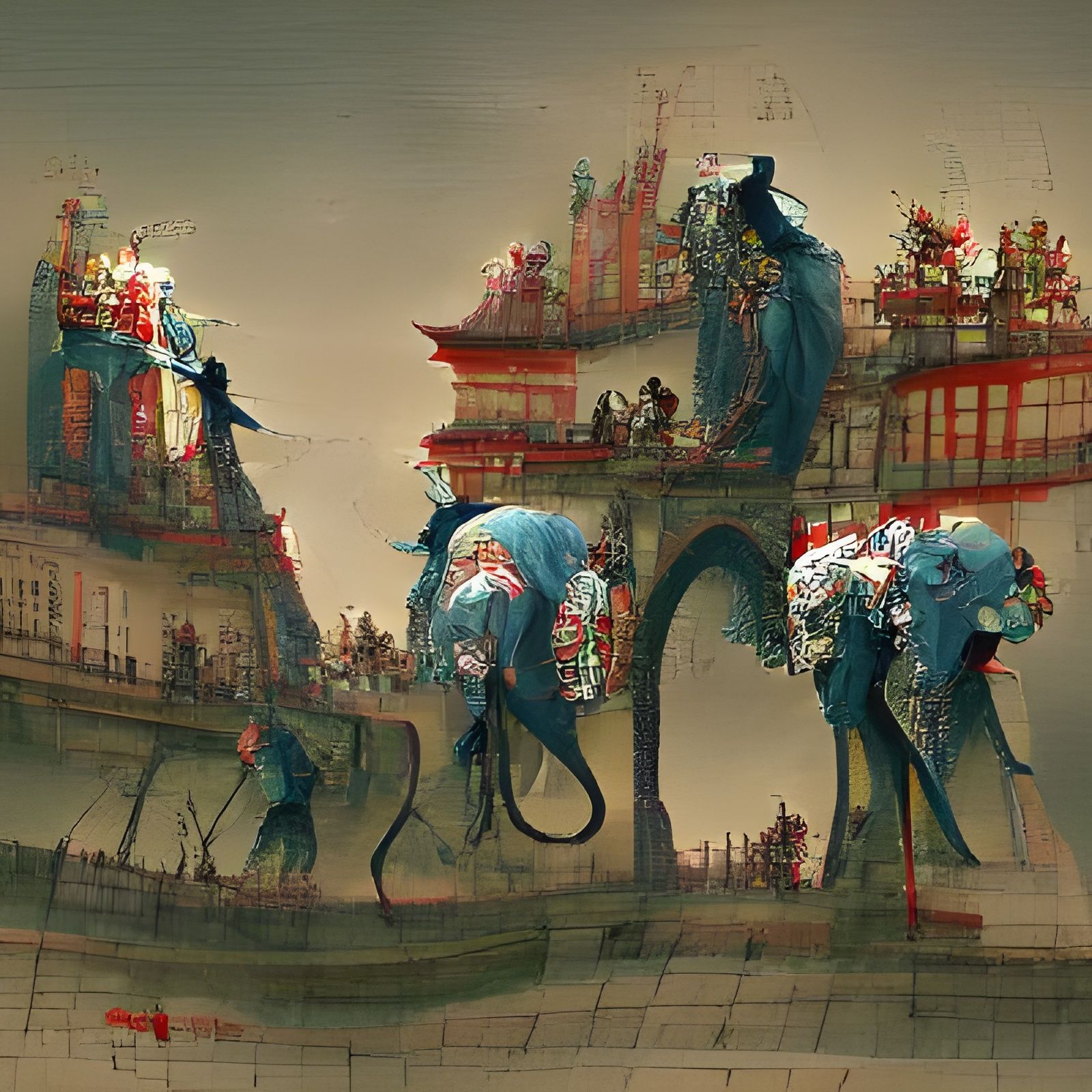 Chinoiserie Elephant Procession in Cel-Shaded Style