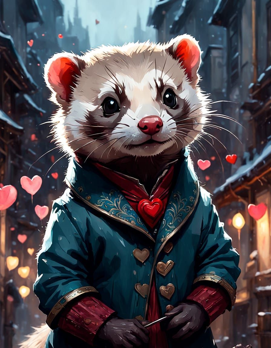 Charming Ferret in Valentine's Day Attire, Digital Art