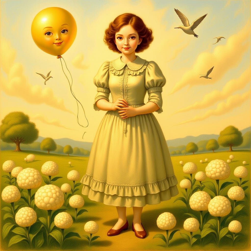 Surreal Victorian Woman with Balloon in Whimsical Garden