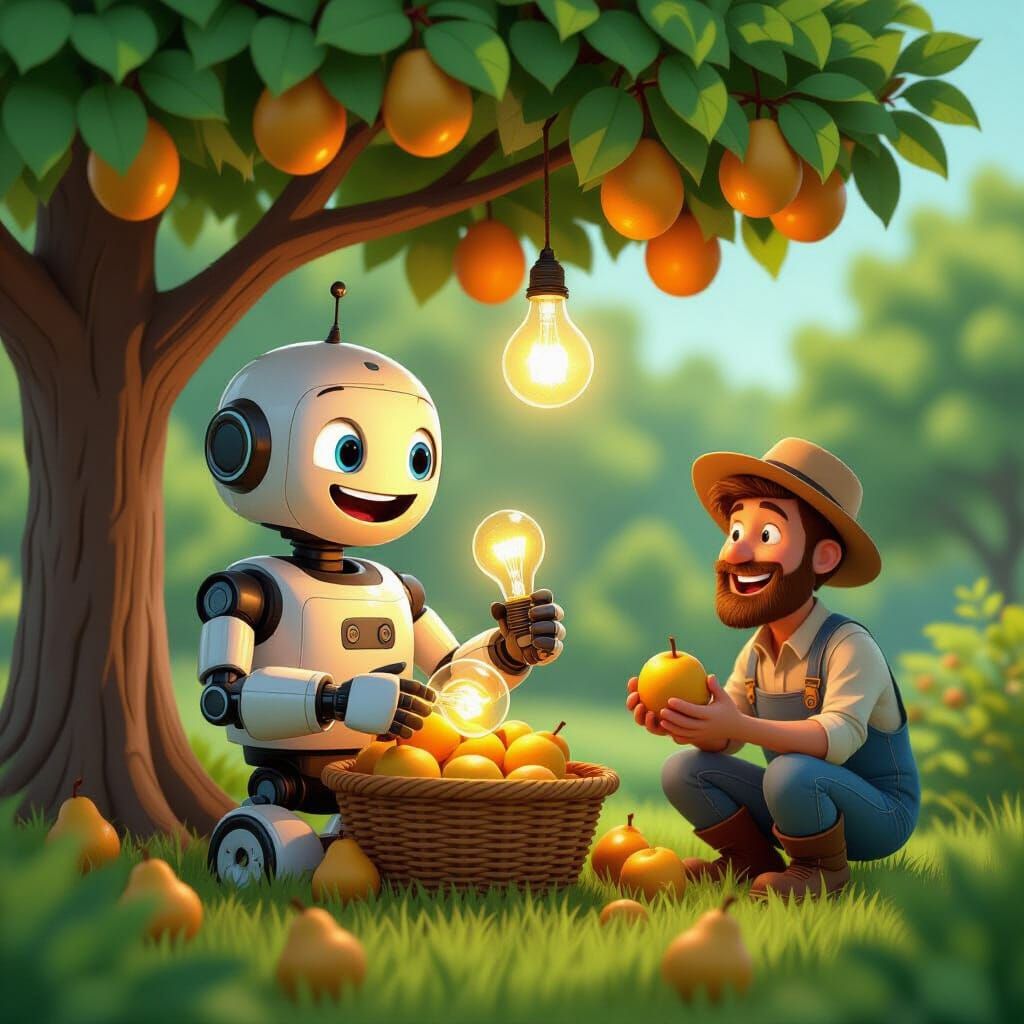 Robot Picking Light Bulbs, Gardener Harvesting Pears