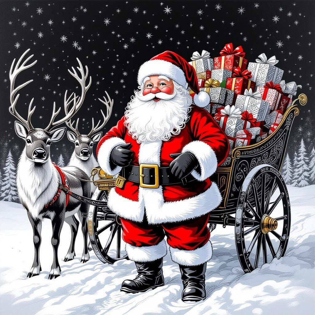 Gentle Santa Claus with Gift-Filled Carriage and Reindeer