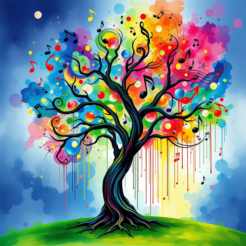 Colorful Musical Tree in Digital Watercolor Style