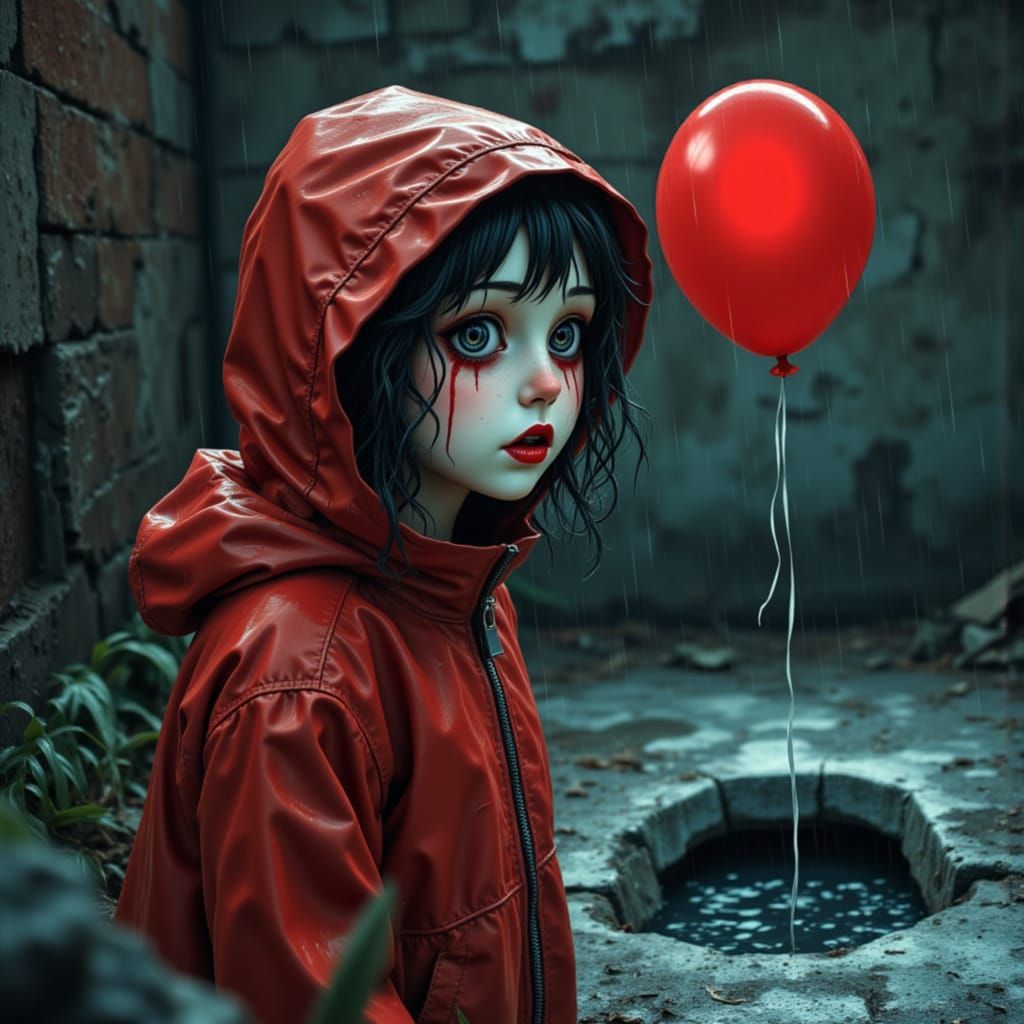 Woman in Red Jacket Watches Balloon Emerge From Sewer