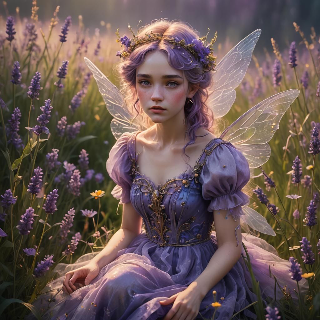 Grumpy Lavender Sprite in Meadow: Fantasy Concept Art