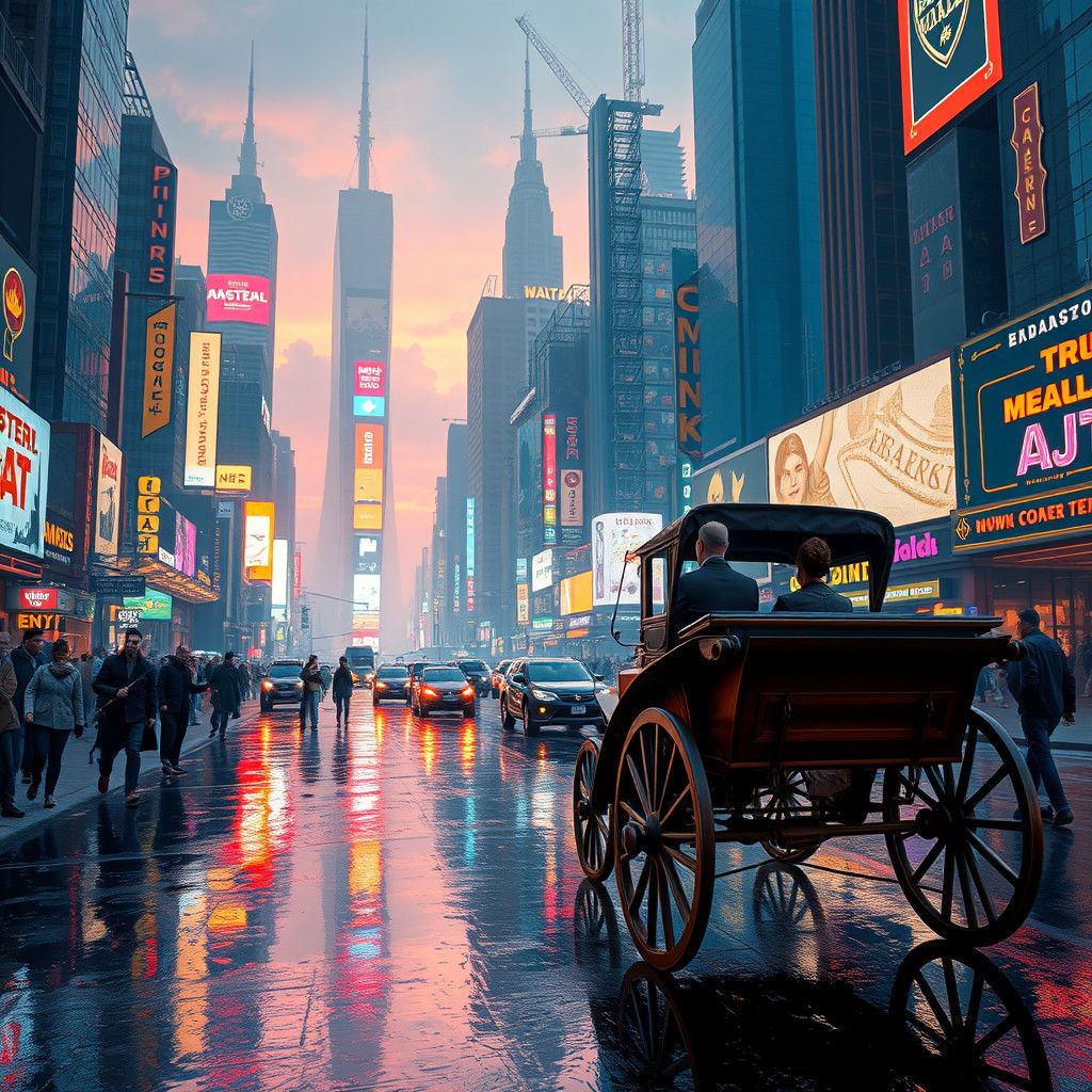 Victorian Buggy Navigates Dystopian Metropolis