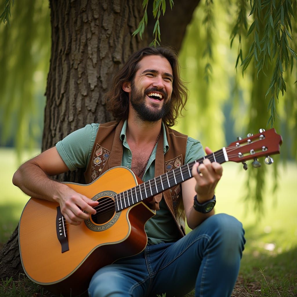 Hippie Man Singing Under Willow Tree