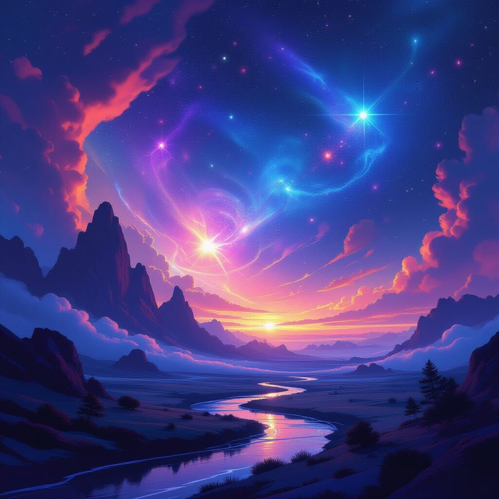 Celestial Dust Swirling in a Futuristic Landscape