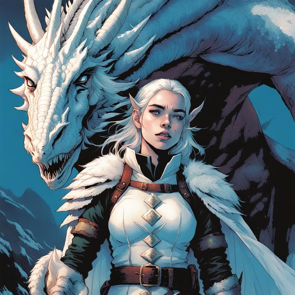 Sultry Elf Warrior Embracing Her Majestic Dragon in Dark Fan...