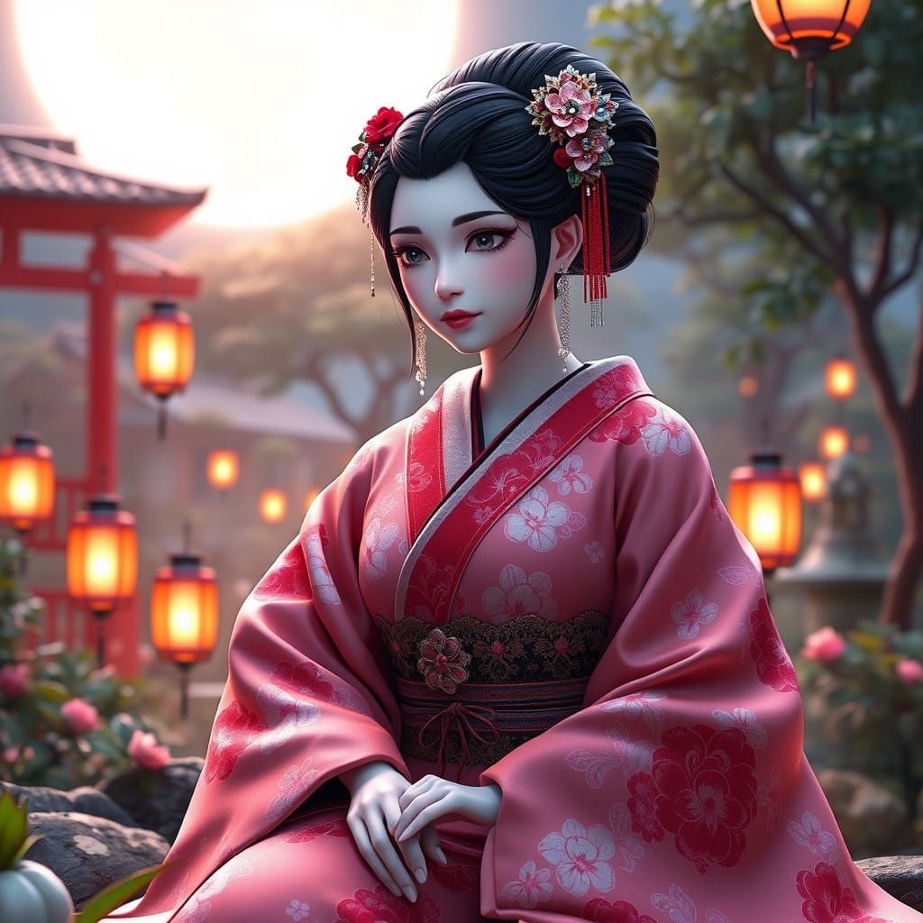 Ethereal Geisha Princess in Moonlit Japanese Garden