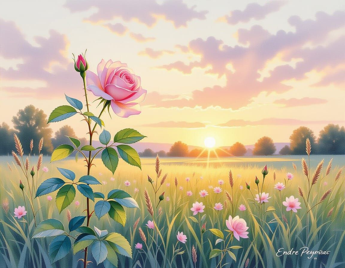 Watercolor Rose at Sunset in Romantic Style