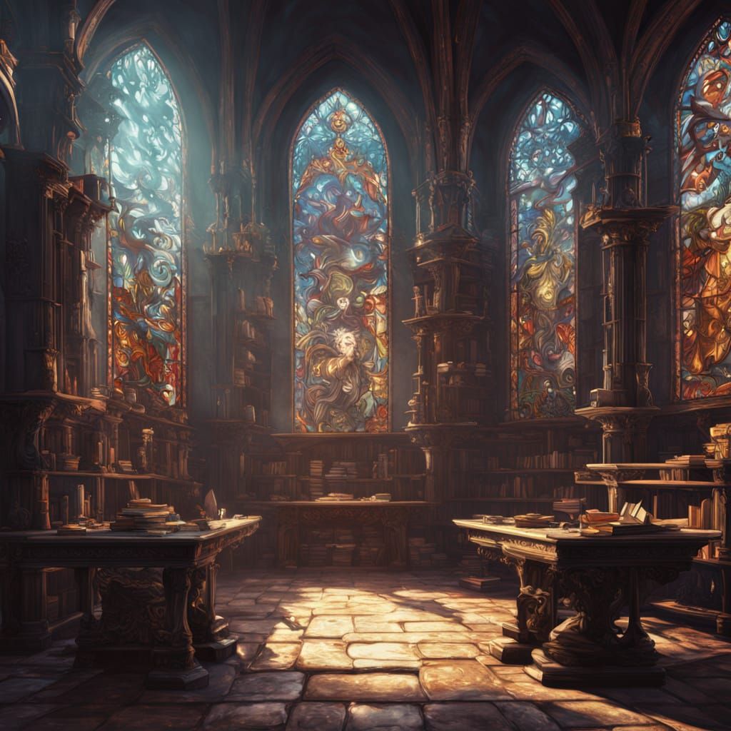 Melancholic Vampire in Dusty Library, Matte Painting Style