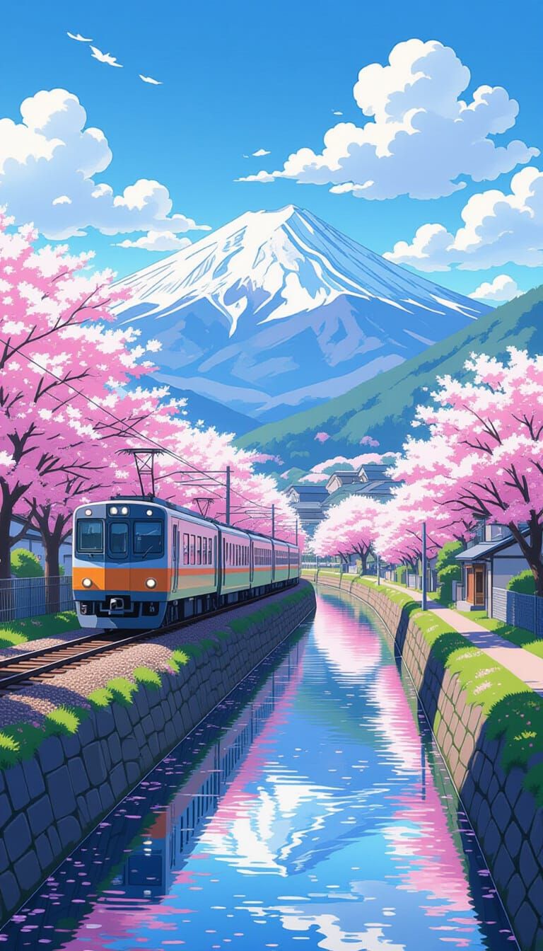 Japanese Train Journey Through Blossoming Countryside