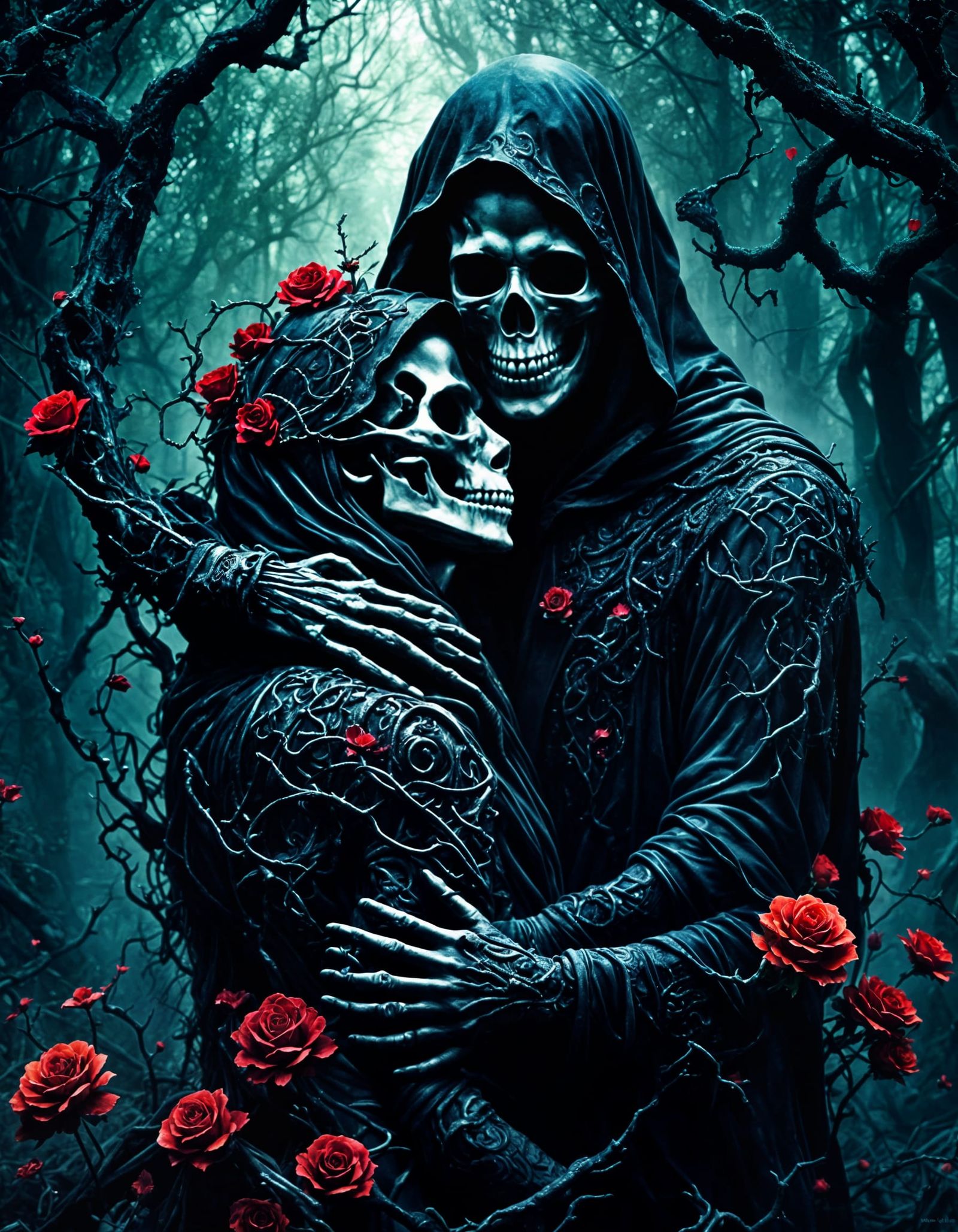 The Reaper in Love: A Hyperdetailed Forest Scene